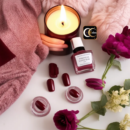 Beautiful pink burgundy manifestation self-care layout with candle nail polish flower