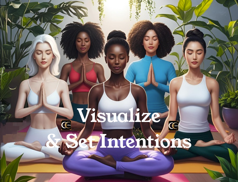 Group of women yogini diverse ethnicity visualizing and setting intentions together