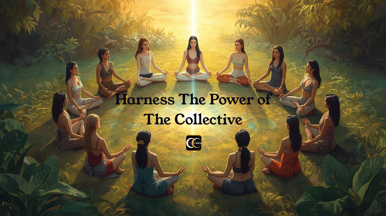 group of yogis sitting in a circle meditating together energy in the center in a forest