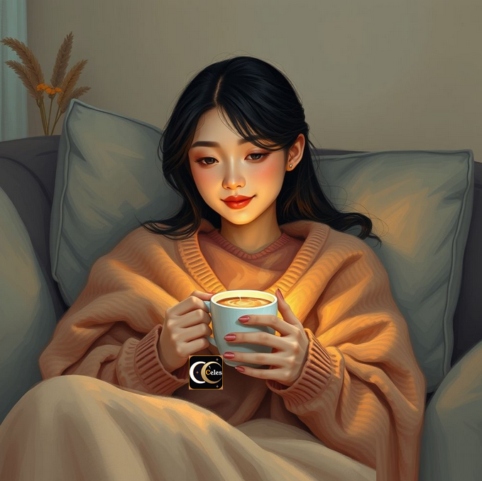 Shy woman blushing holding cup coffee thinking and contemplating introspection