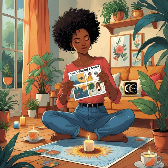 Art woman holding vision board sitting on floor designing her life