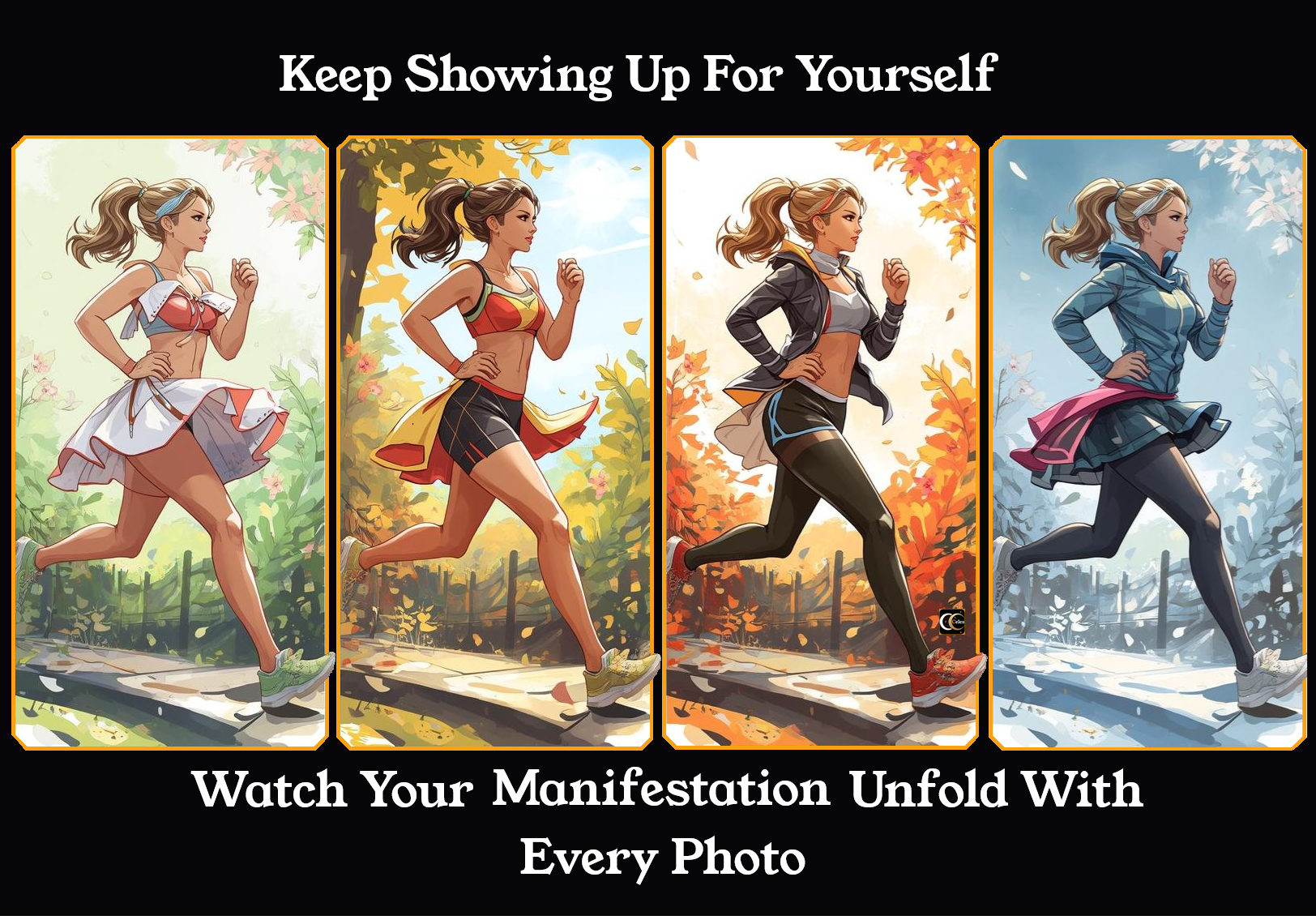 Woman running with determination at each season spring summer fall winter