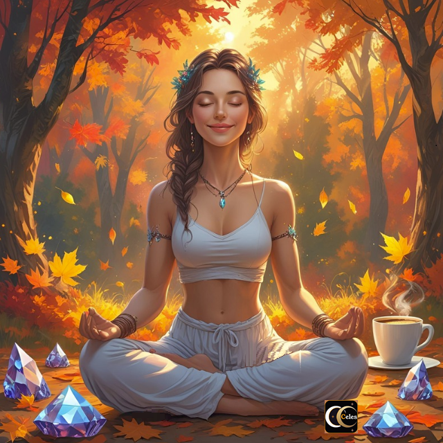 Woman smiling meditating in beautiful fall autumn aesthetic forest with orange leaves