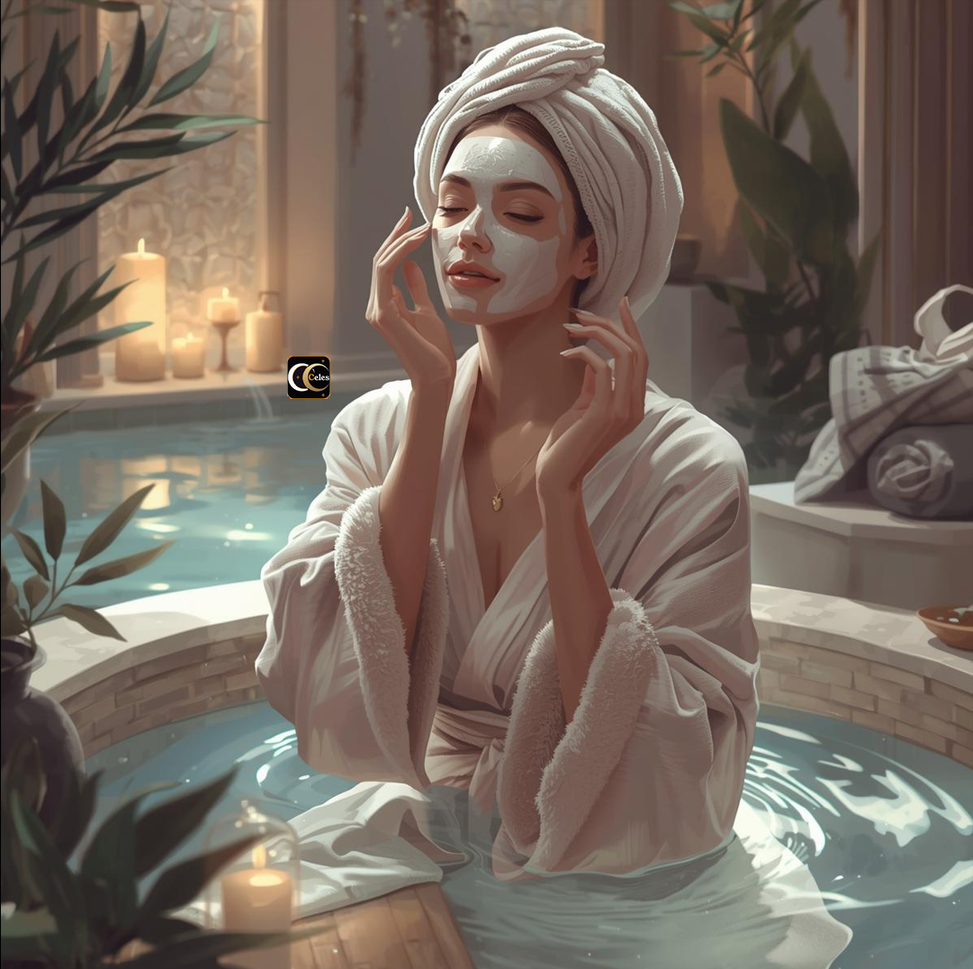 woman with face mask luxurious spa robe candles in luxurious spa