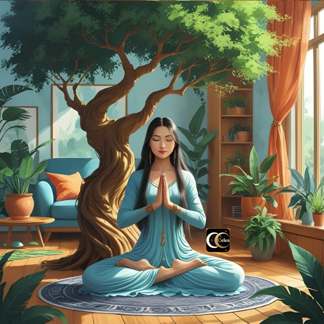 Yogi with long hair meditating hands in prayer position by tree